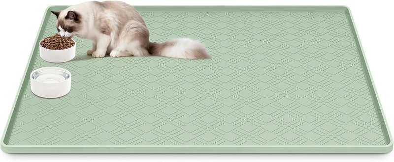 Lanstics Cat Food Mat, 42" x 29" Large Silicone Mat Cat Feeding Mat with Raised Edge Non-Slip Pet Feeding Mat for Food and Water Bowl, Easy to Clean, Floor Protection (Light Green) - Image 1